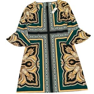 NWT New York & Company Green Multi  Print Bell Sleeve Stretch Dress. Sexy🔥🔥🔥